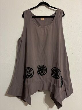 Sleeveless Asymmetric Tunic Dress in Taupe with Black Spiral Accents